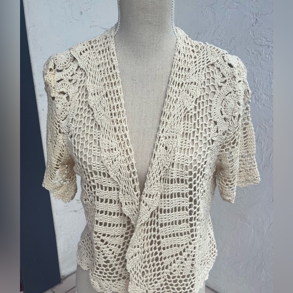 🆕🩷 Gorgeous 100% Cotton Short Sleeved Hand-crocheted Unlined Jacket in Natural - Picture 3 of 5